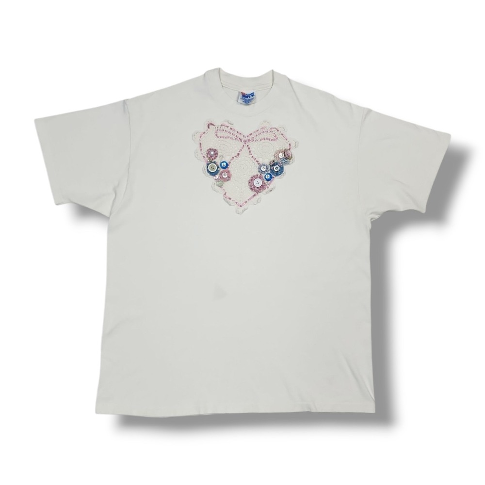 Vintage Hanes Beefy-t Crochet Heart Button Lace White 90's T-Shirt Unisex XL